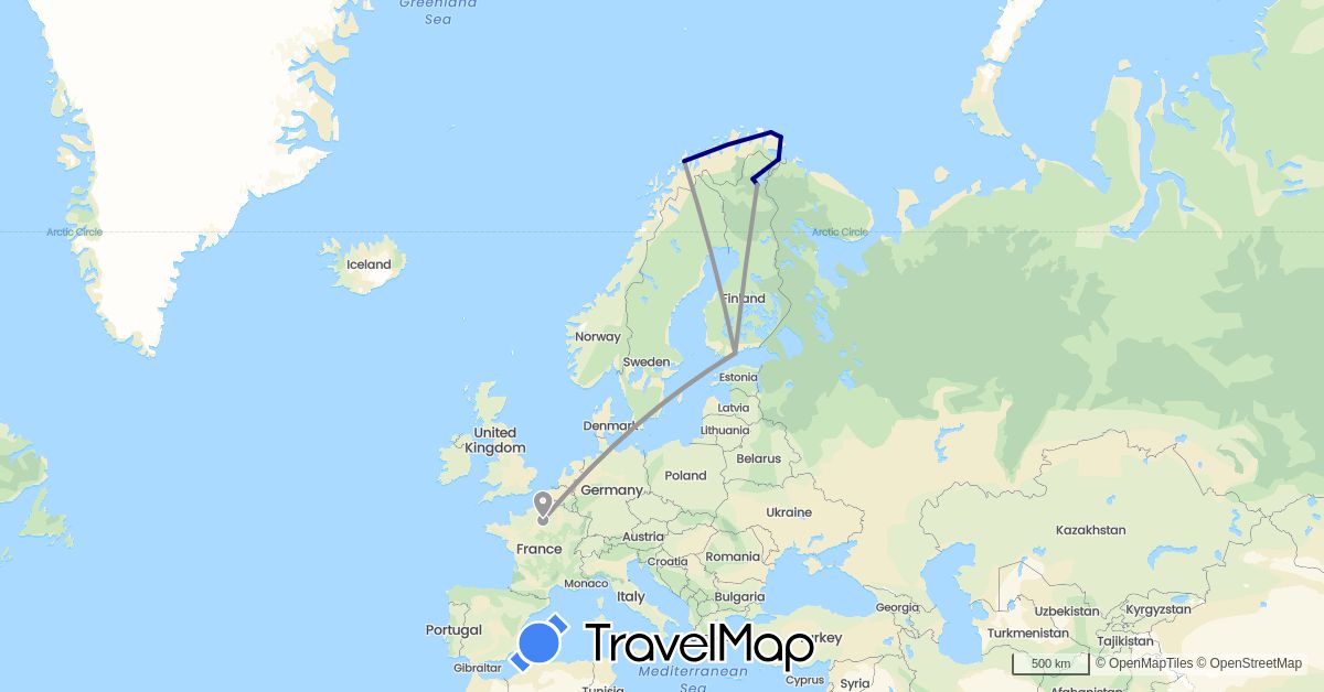 TravelMap itinerary: driving, plane in Finland, France, Norway (Europe)